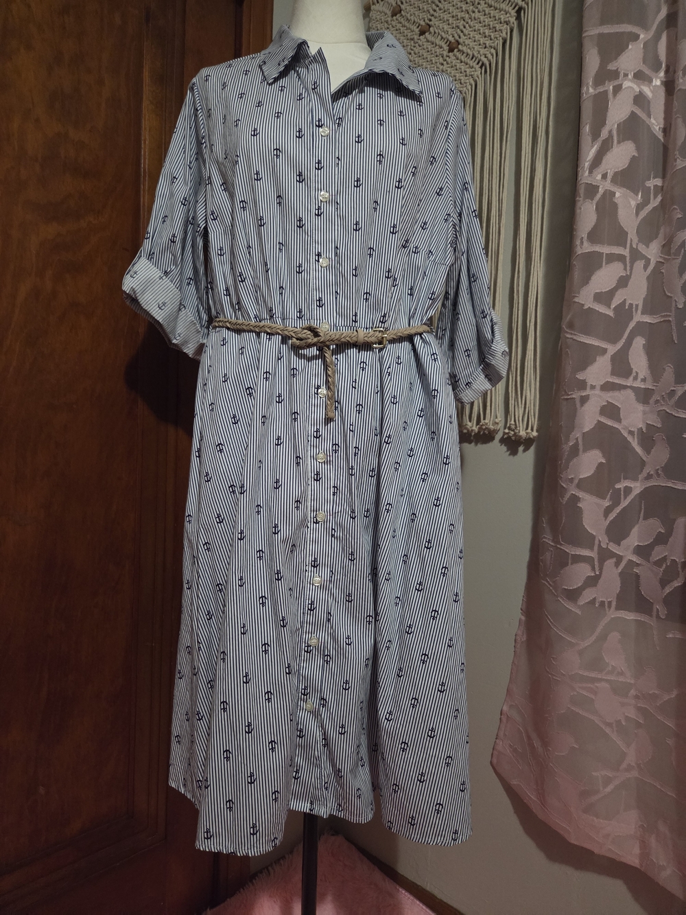 Nautical-Print Striped Midi Shirt Dress with Braided Belt